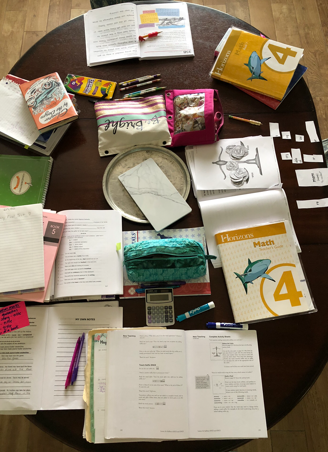 Homeschool books on a table