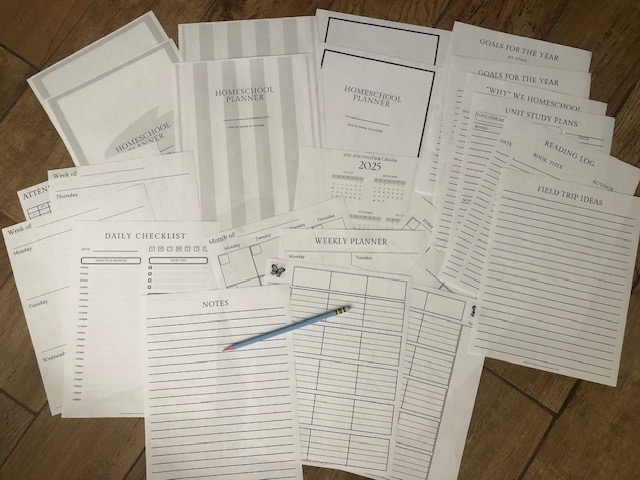 Homeschool planning pages and pencil