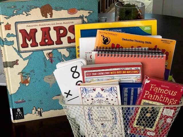 basket with books, flashcards and a map book